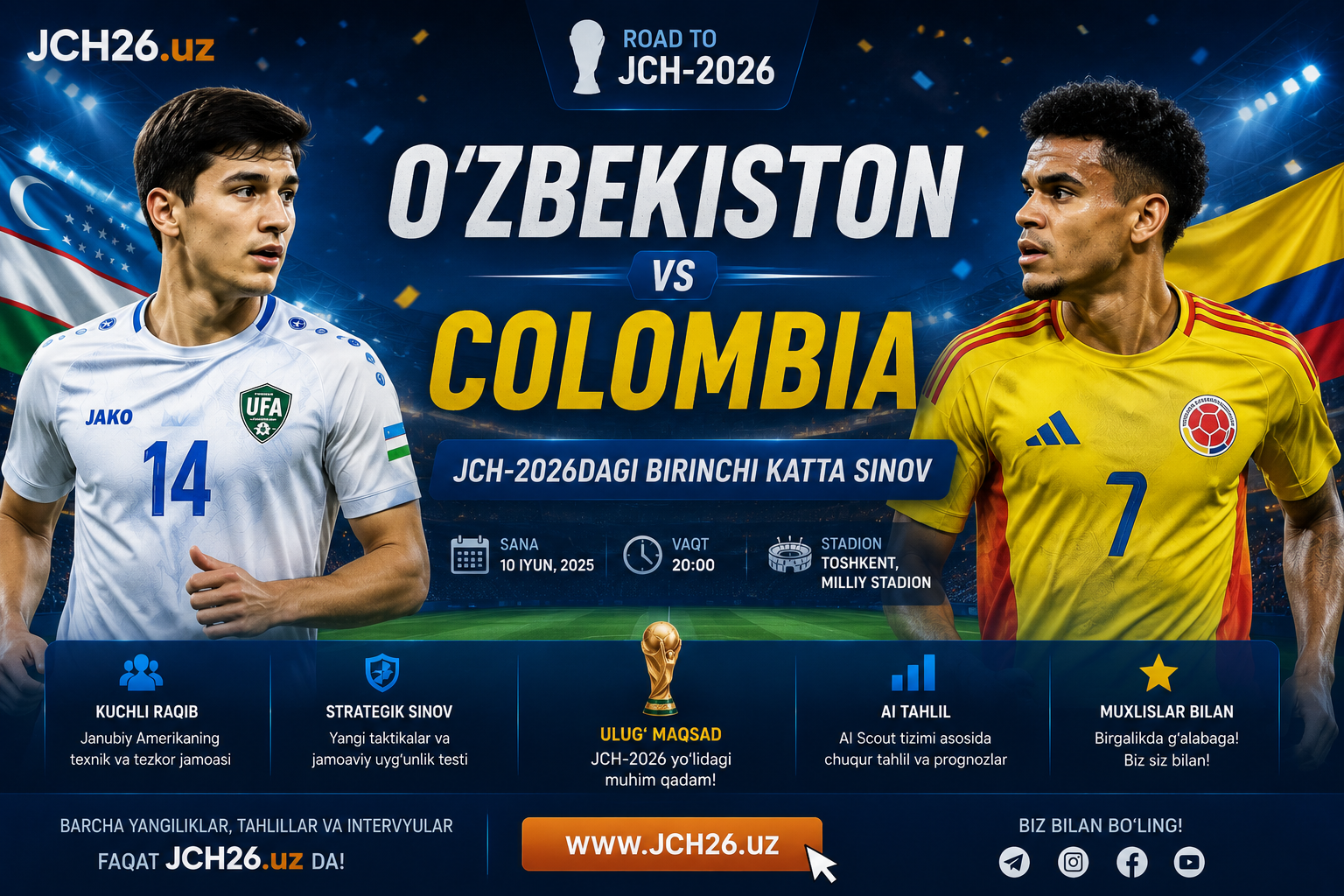 O‘zbekiston vs Colombia: JCH-2026dagi birinchi katta sinov